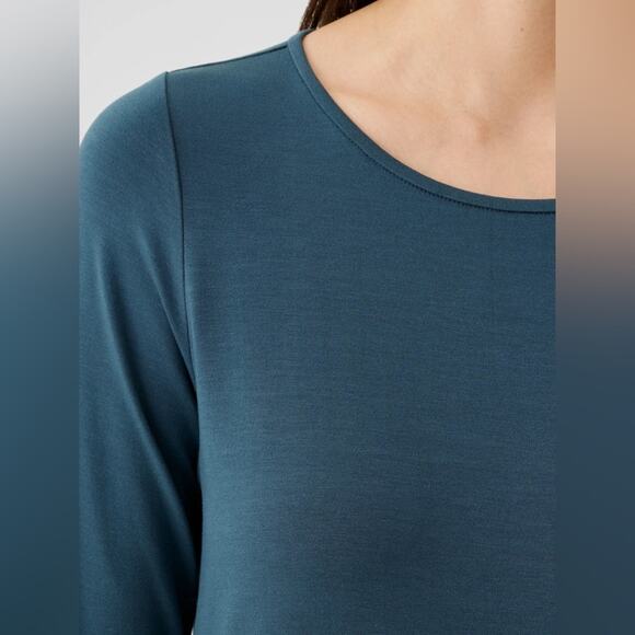 Eileen Fisher Stretch Jersey Knit Jewel Tone Neck Dress Blue Green Size Small - Picture 4 of 9